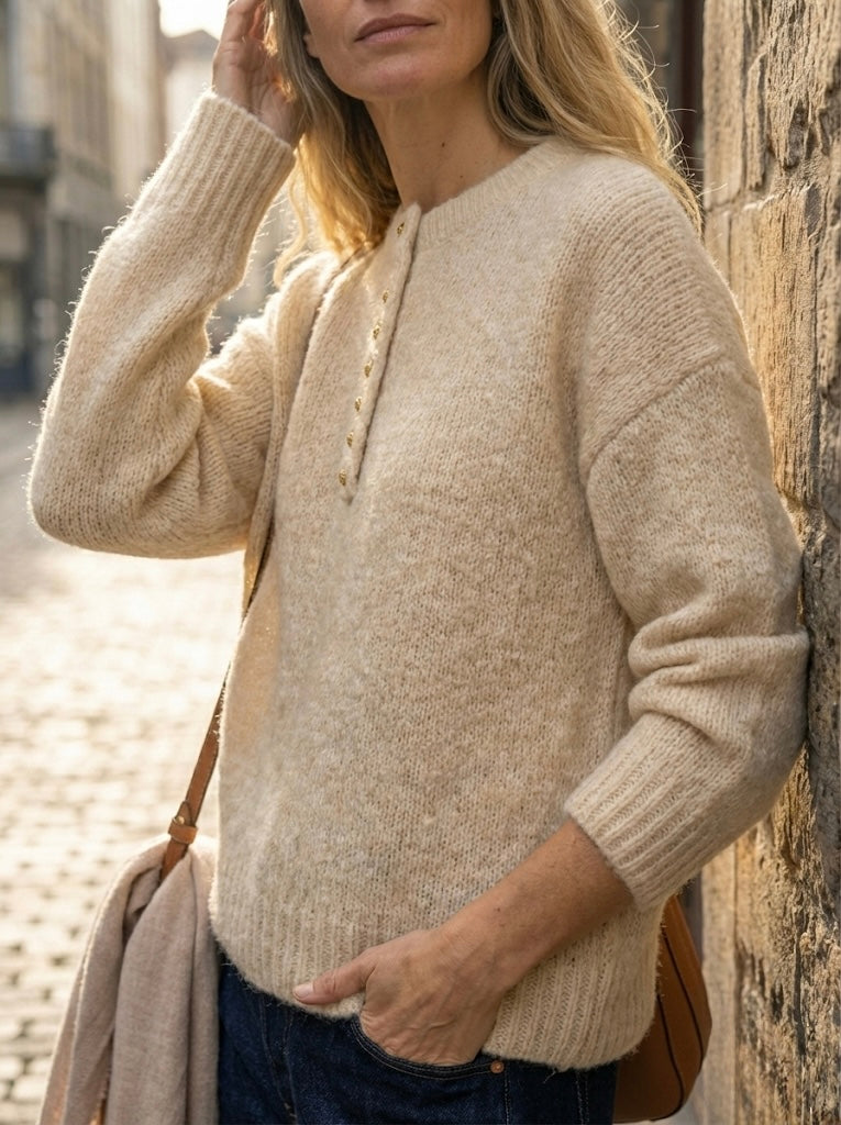 Jersey de Punto Suave 'Aura' en Beige con Botones Joya Dorados