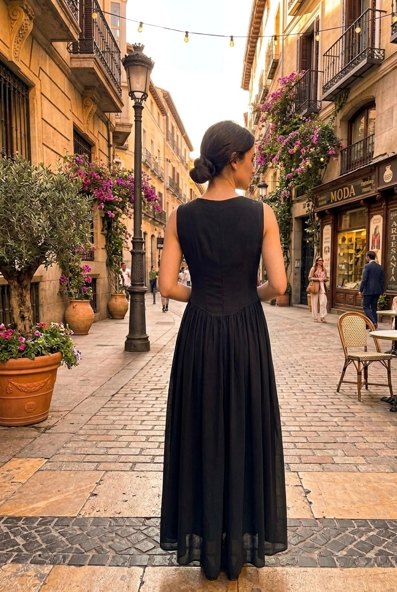 Vestido Negro Clásico con Detalle Fruncido