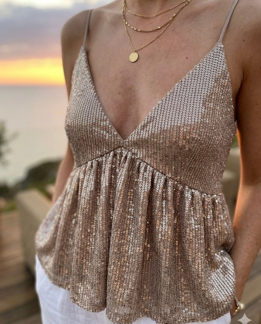 Top camisola de lentejuelas de oro rosa con cuello en V