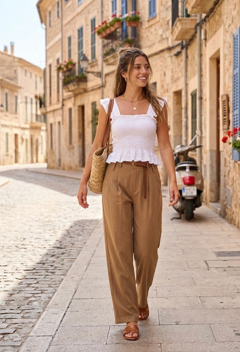 Blusa Blanca con Nido de Abeja y Volantes
