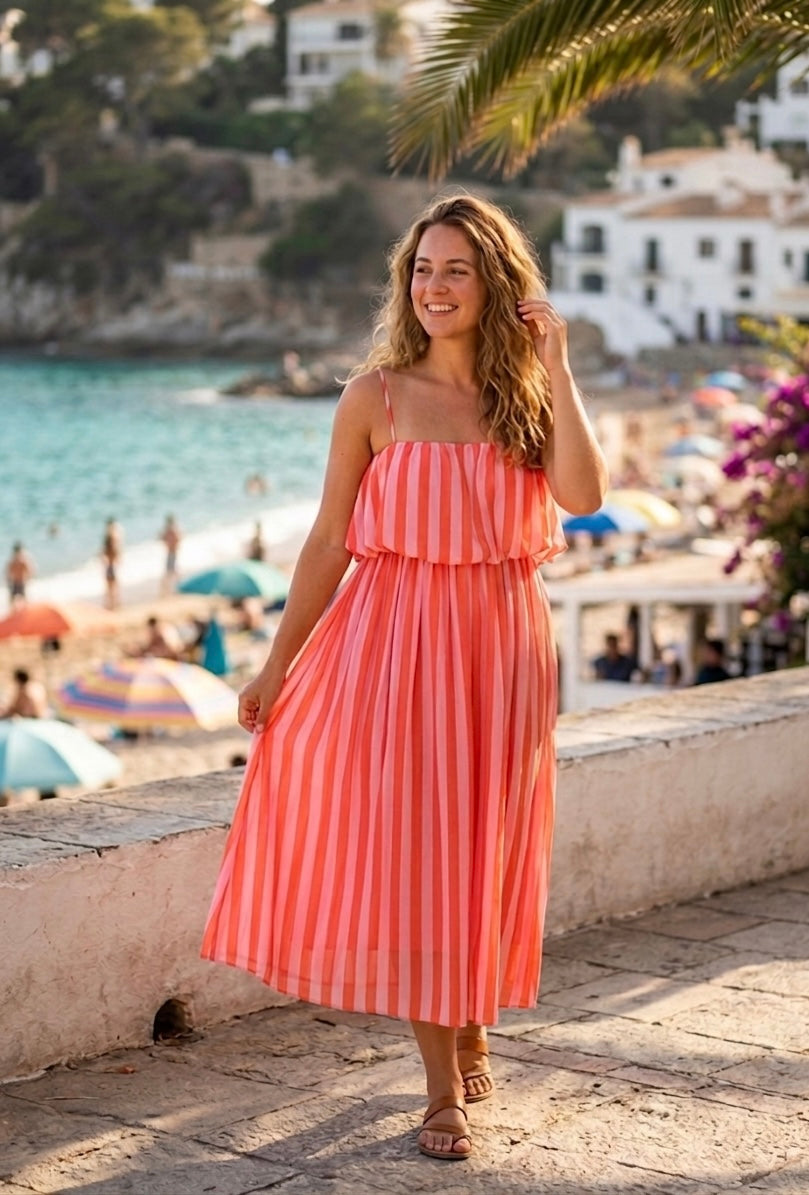 Vestido Midi Plisado a Rayas Coral y Rosa