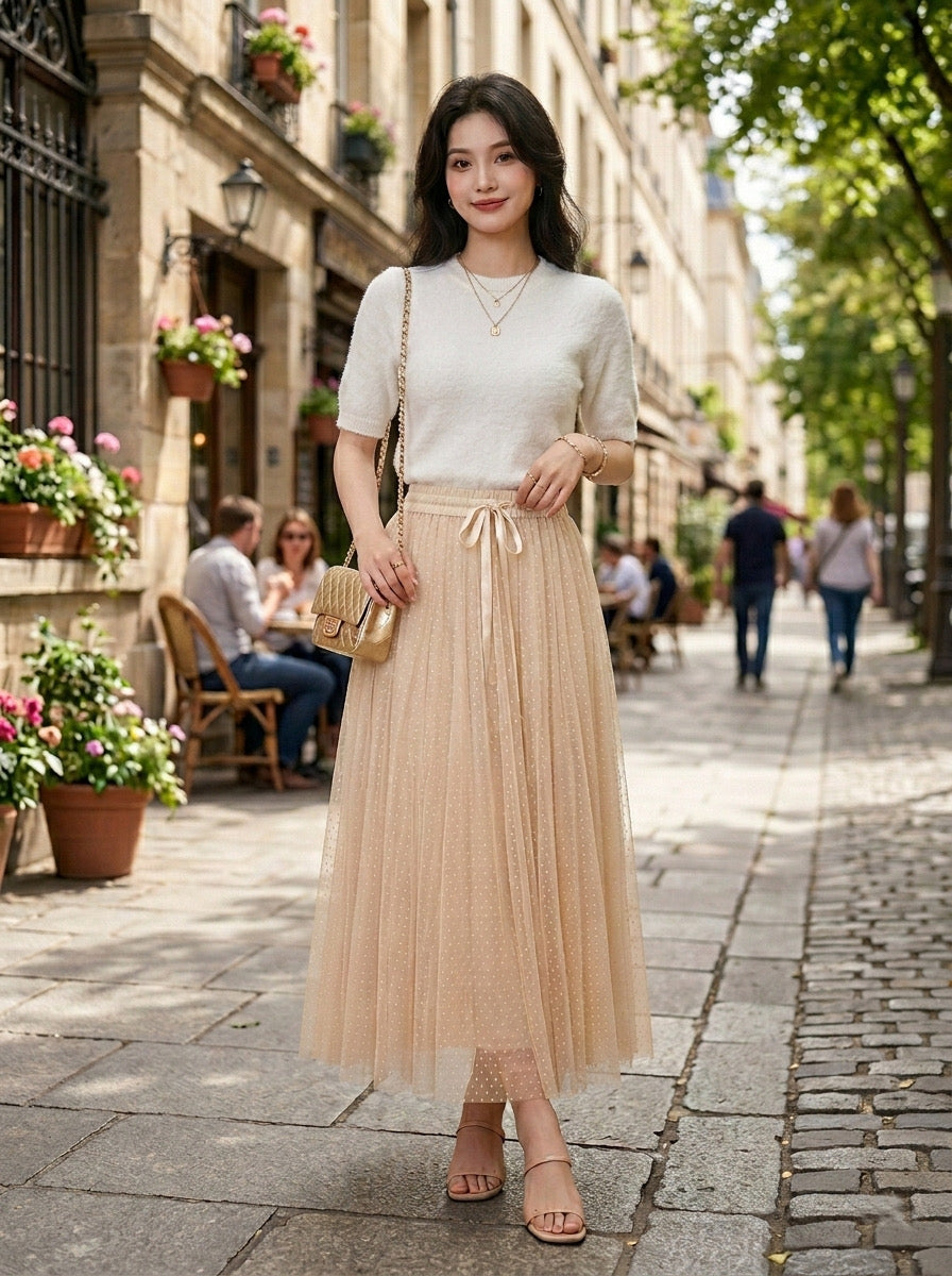 Falda Midi de Tul Plisada con Detalle de Lunares en Tono Beige