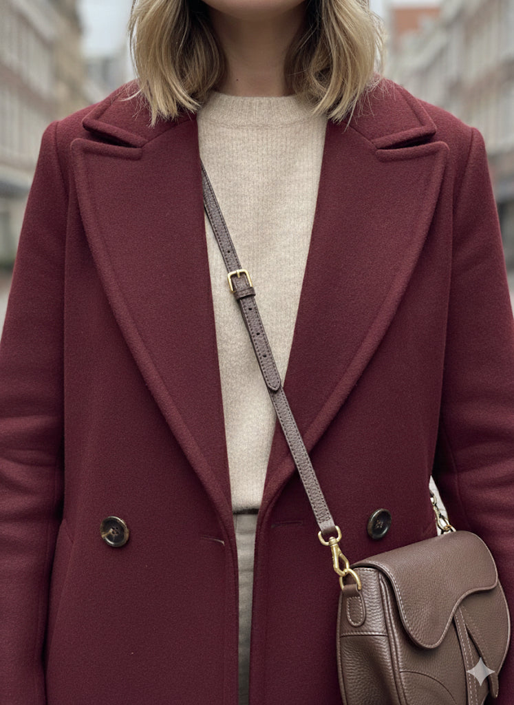 Abrigo Largo de Lana Lujo Color Burdeos / Vino Tinto