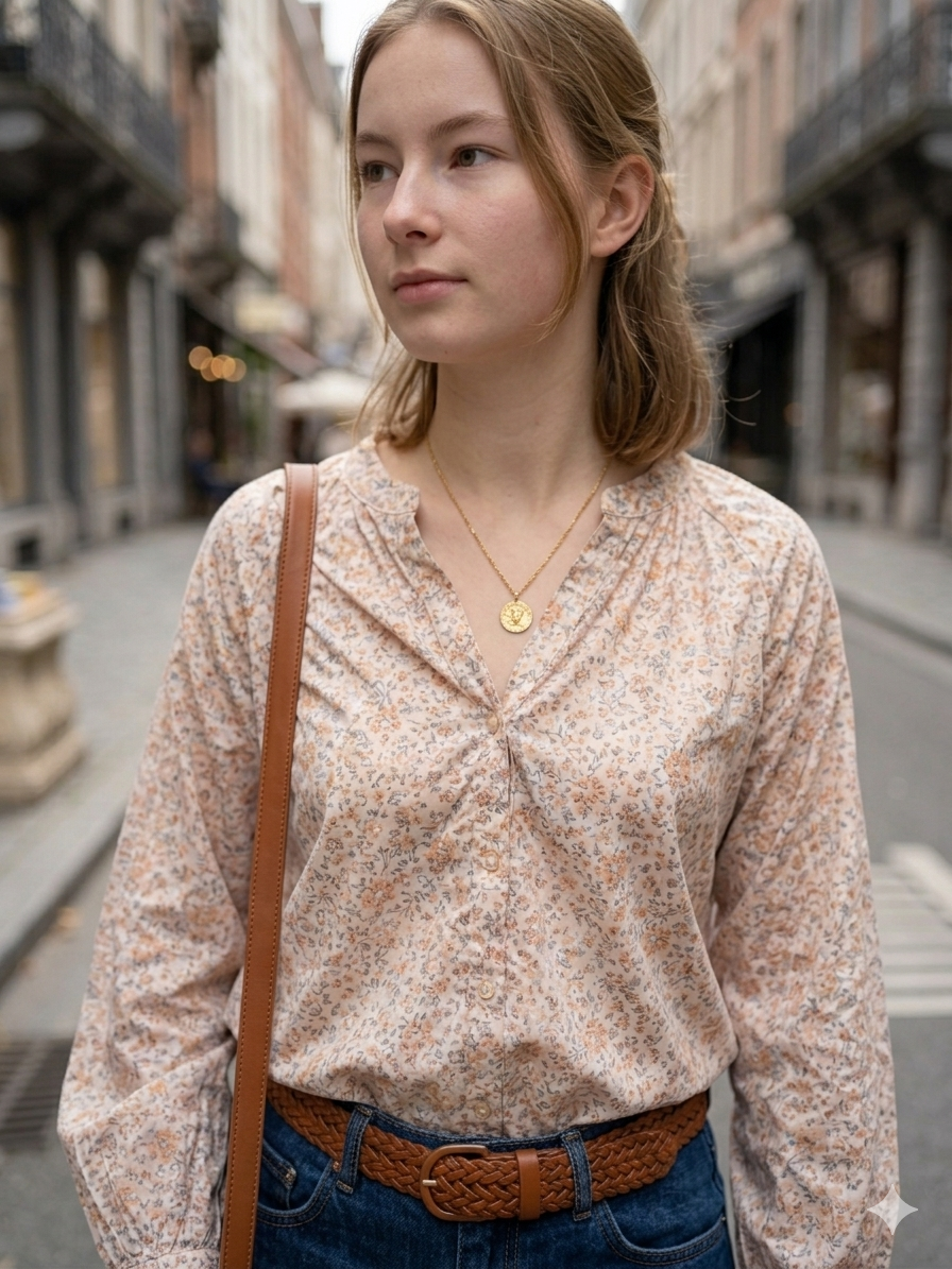 Camisa de Algodón con Estampado Floral Vintage y Cuello Pico