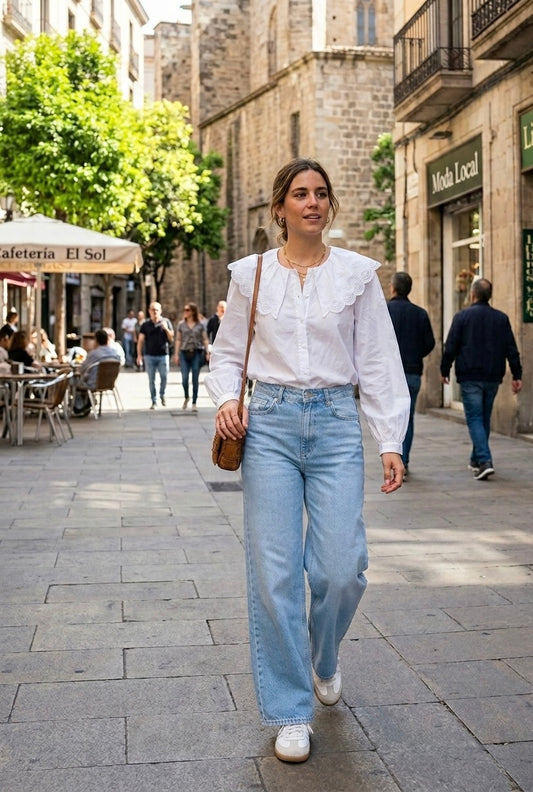 Camisa Blanca de Algodón con Cuello de Encaje de Ojales