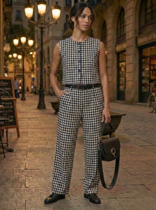 Chaleco de Cuadros con Botonadura Frontal