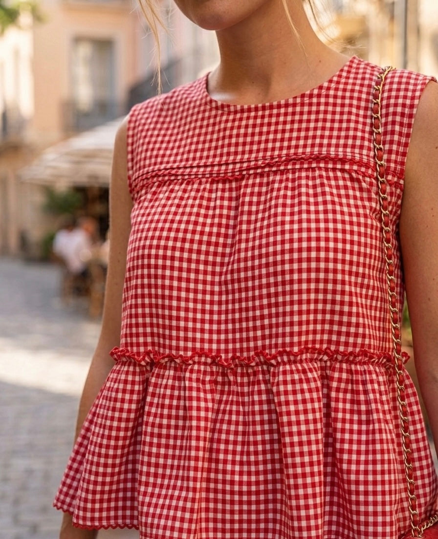 Blusa Sin Mangas con Volante Vichy