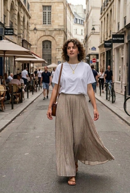 Falda Larga de Lino Plisada con Estampado de Rayas
