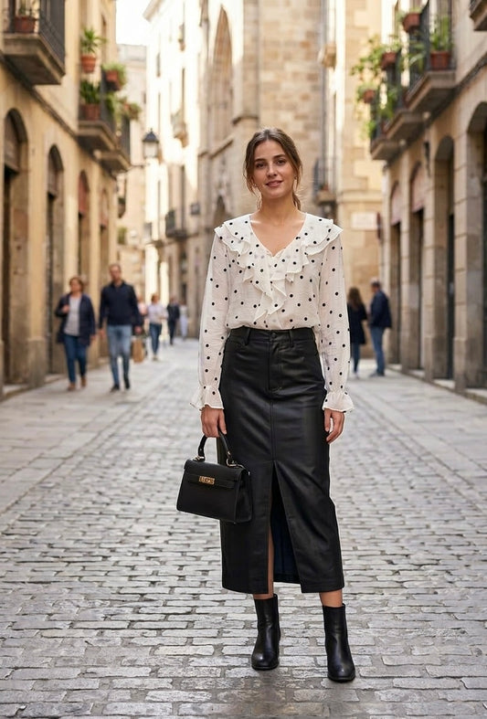 Falda Midi Negra Efecto Piel con Abertura Frontal Sofisticada