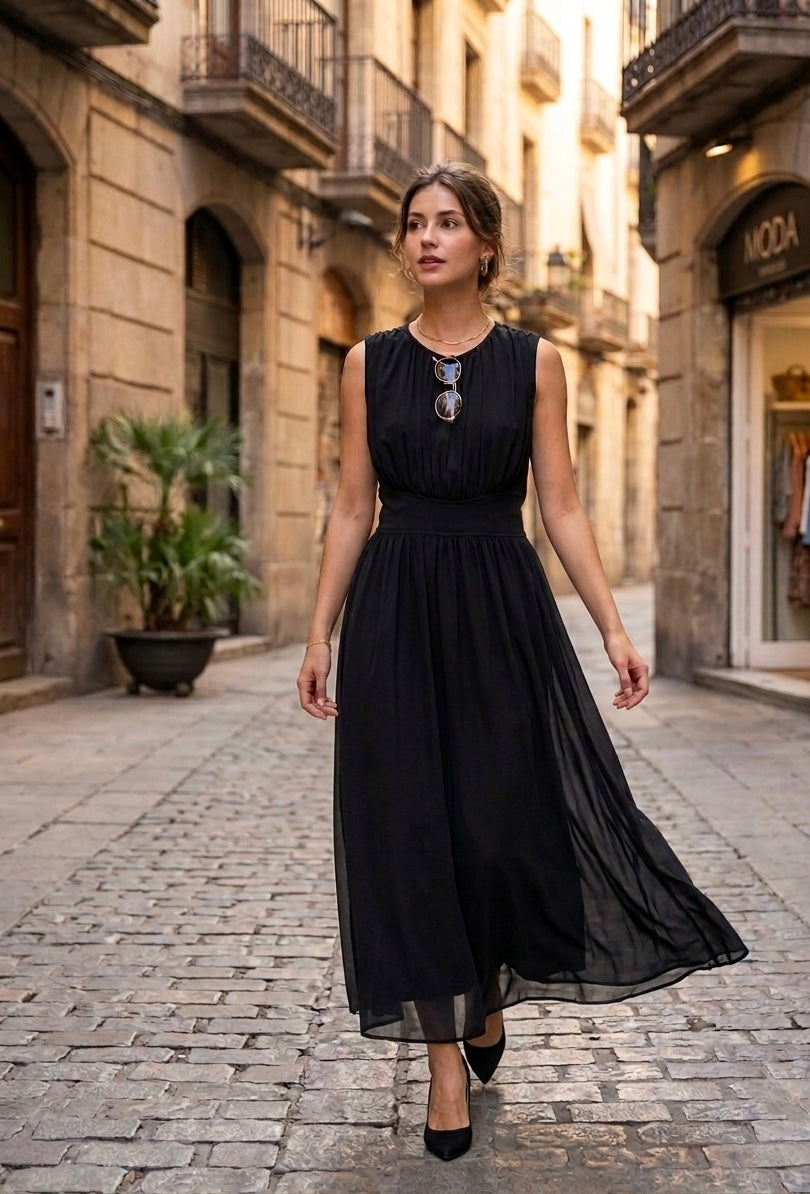 Vestido Negro Clásico con Detalle Fruncido