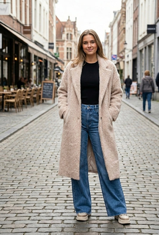 Abrigo de Pelo Sintético Beige Estilo Teddy de Corte Holgado