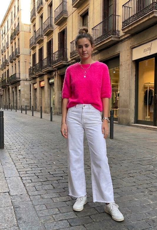 Pantalones Vaqueros Anchos de Color Blanco Abajo Deshilachado