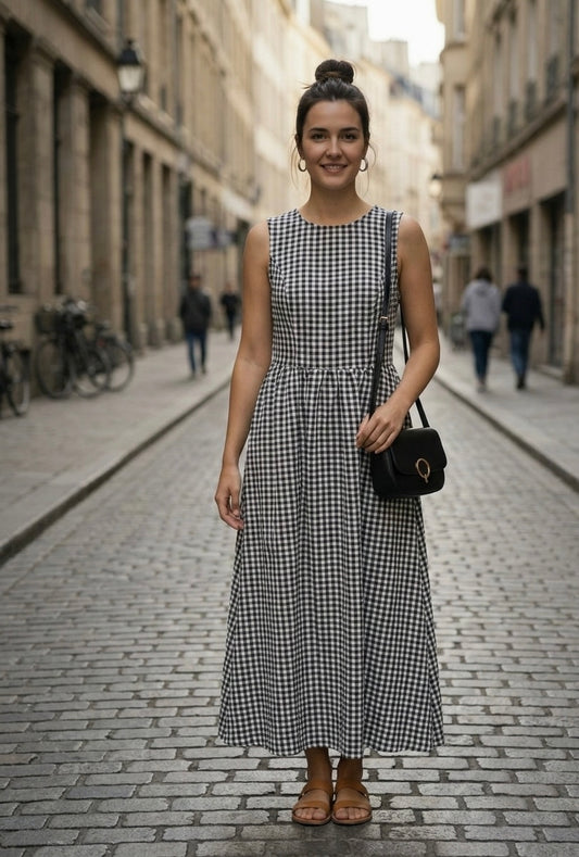 Vestido Midi de Cuadros Vichy Blanco y Negro