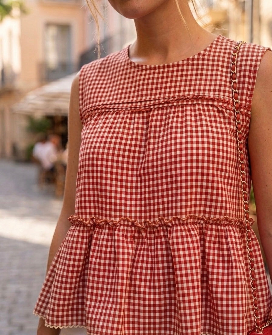 Blusa Sin Mangas con Volante Vichy