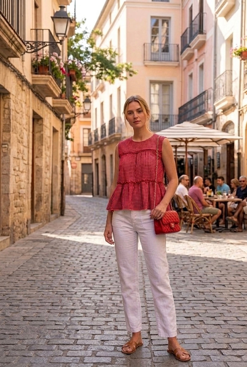 Blusa Sin Mangas con Volante Vichy