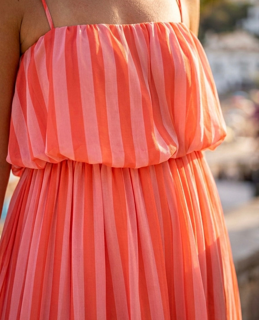 Vestido Midi Plisado a Rayas Coral y Rosa