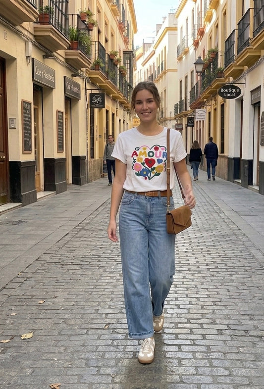 Camiseta blanca con letras coloridas