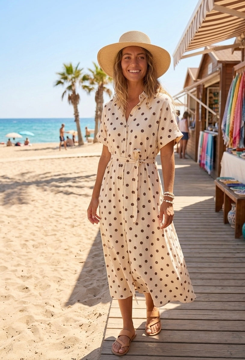Vestido Midi de Lino con Lunares