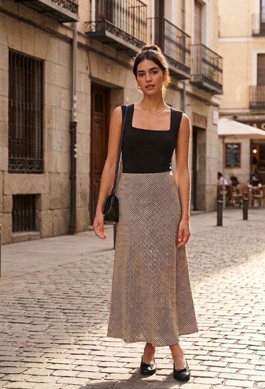 Falda Midi con Estampado Vichy
