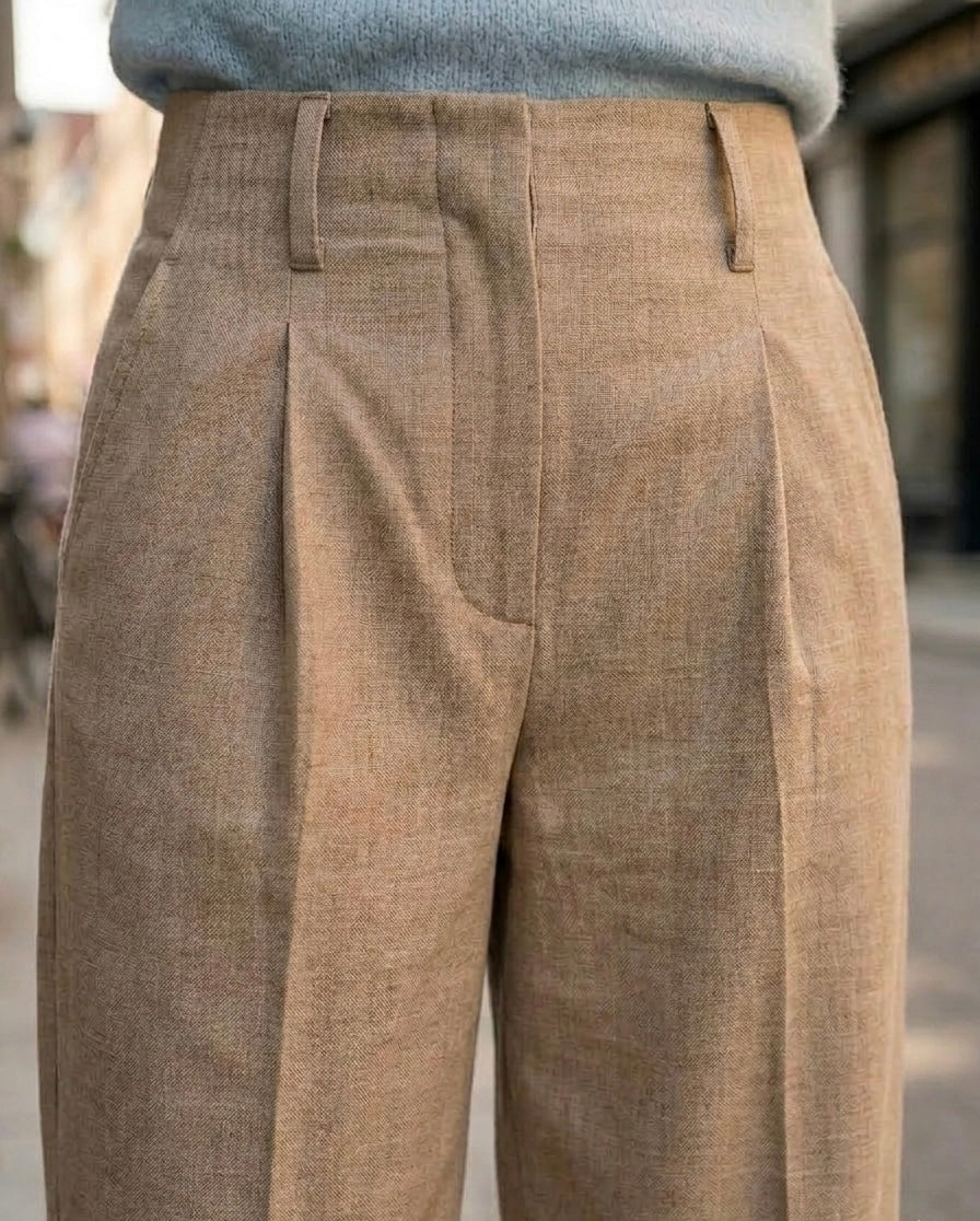 Pantalones de Talle Alto y Corte Recto en Tono Camel Natural