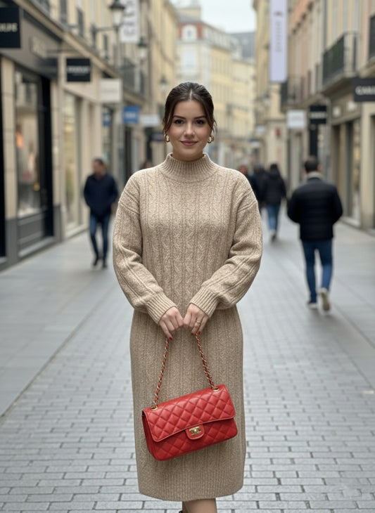 Vestido de Punto Trenzado Cuello Mock - Camel Melange