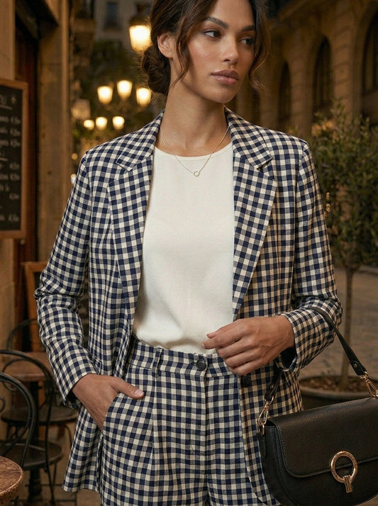 Americana Entallada de Cuadros Vichy – Azul Marino y Crema