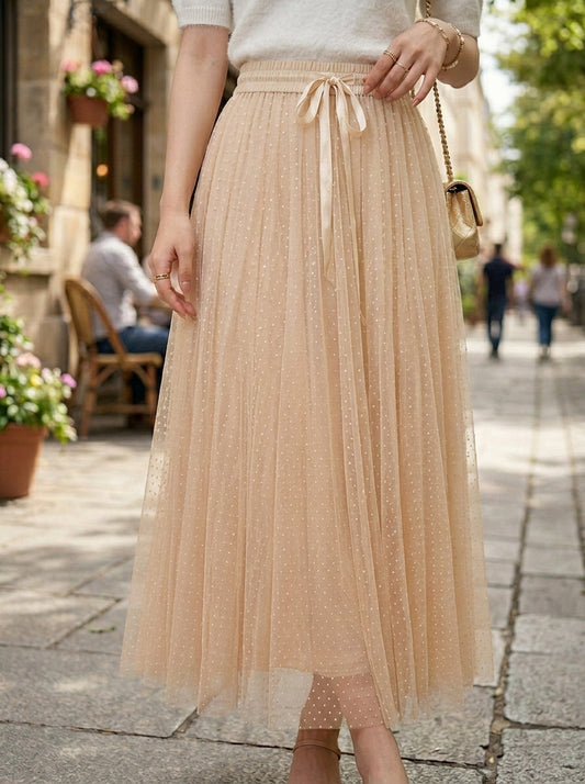 Falda Midi de Tul Plisada con Detalle de Lunares en Tono Beige