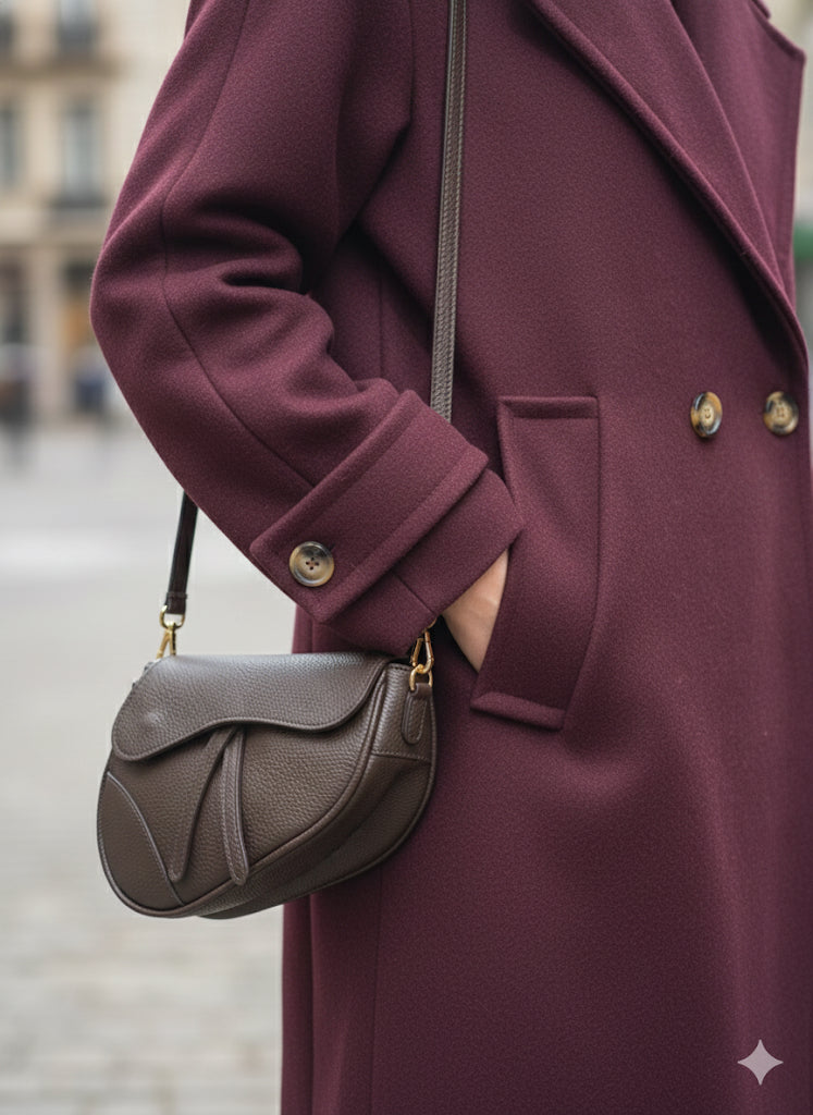 Abrigo Largo de Lana Lujo Color Burdeos / Vino Tinto