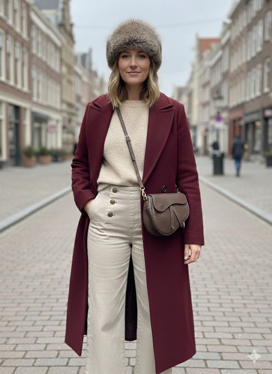 Abrigo Largo de Lana Lujo Color Burdeos / Vino Tinto