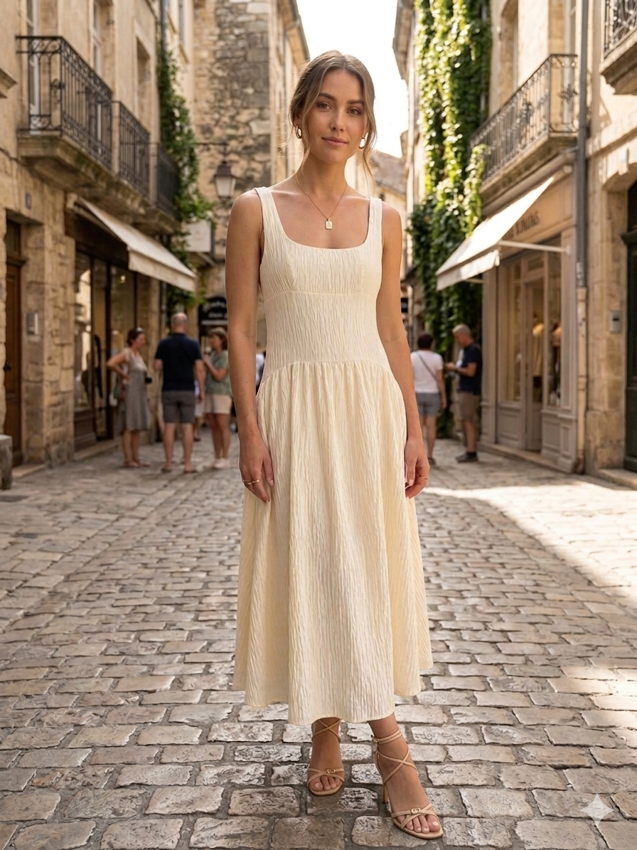 Vestido beige con tiras en dorado
