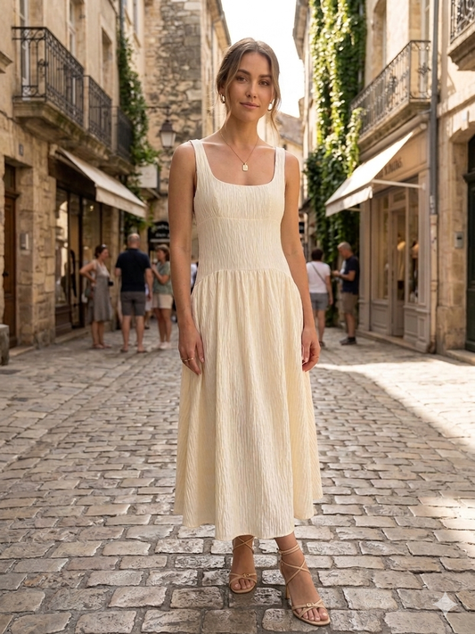 Vestido beige con tiras en dorado