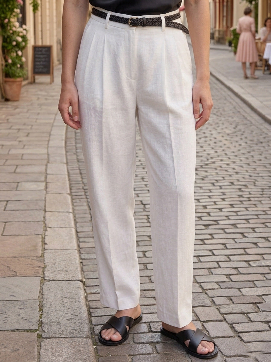 Pantalón de Lino con Pliegues y Talle Alto