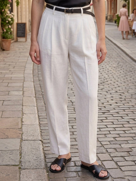 Pantalón de Lino con Pliegues y Talle Alto