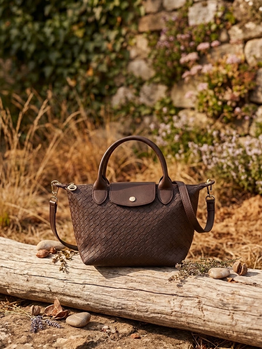 Mini Bolso Tote Trenzado Marrón con Correa Desmontable