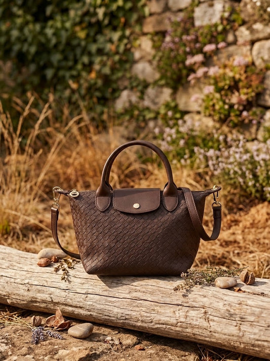 Mini Bolso Tote Trenzado Marrón con Correa Desmontable