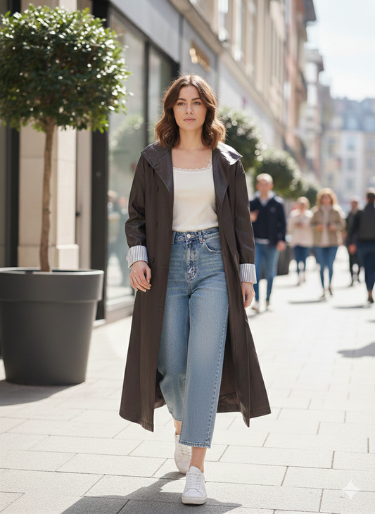 Gabardina Oversize de Efecto Cuero en Marrón Chocolate – Detalle Puño Rayas