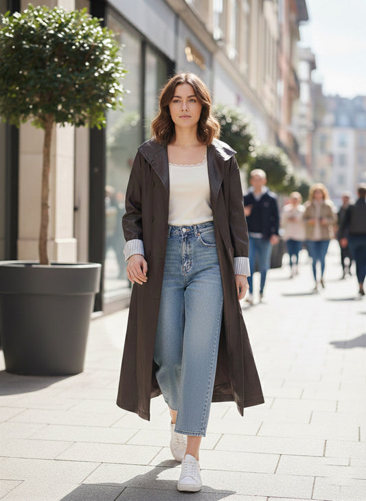 Gabardina Oversize de Efecto Cuero en Marrón Chocolate – Detalle Puño Rayas