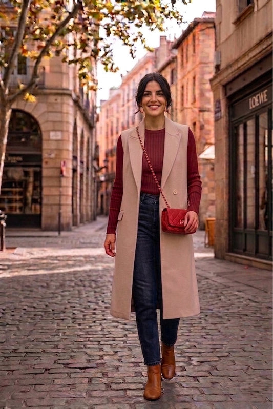 Chaleco Largo Estilo Trench en Color Arena: Elegancia Minimalista