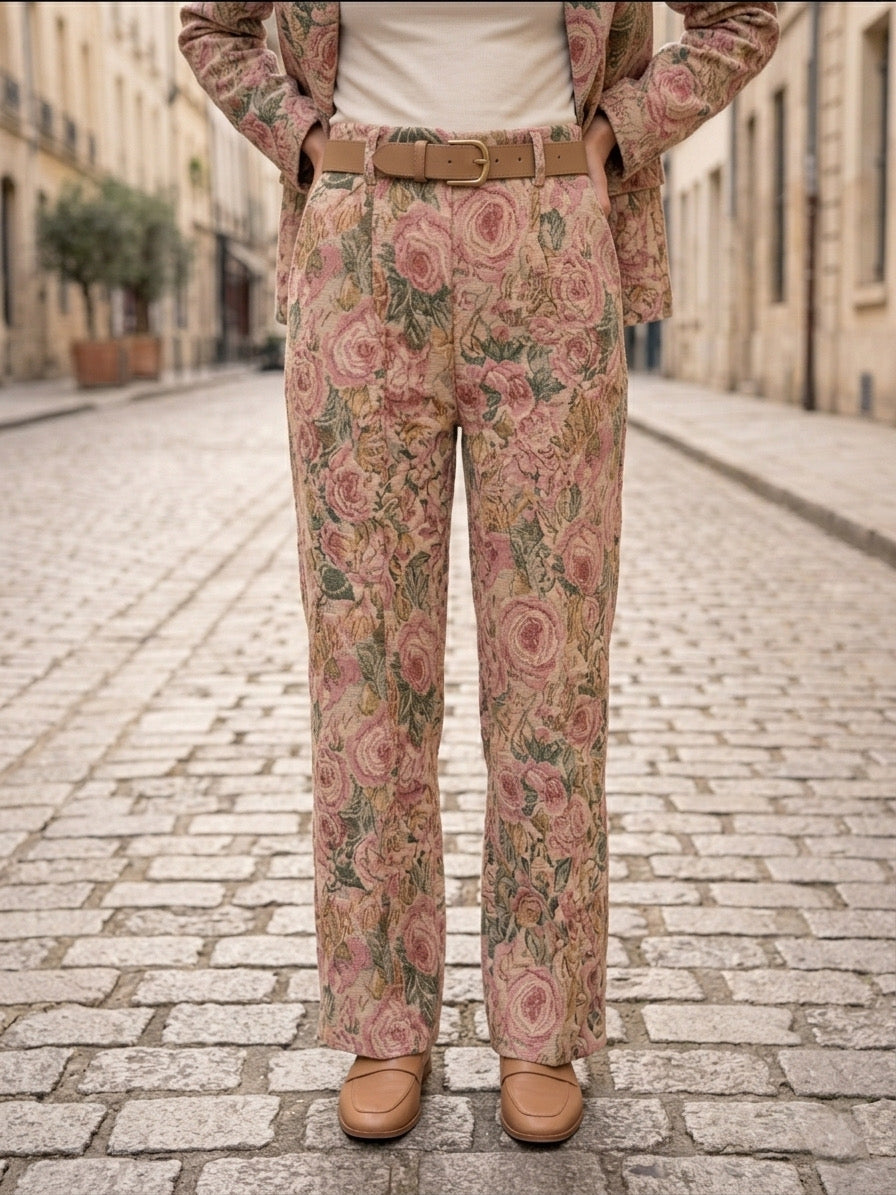 Pantalón Jacquard Floral de Tiro Alto y Pernera Recta