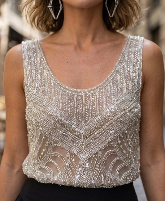 Blusa de Fiesta Bordada en Pedrería Transparente