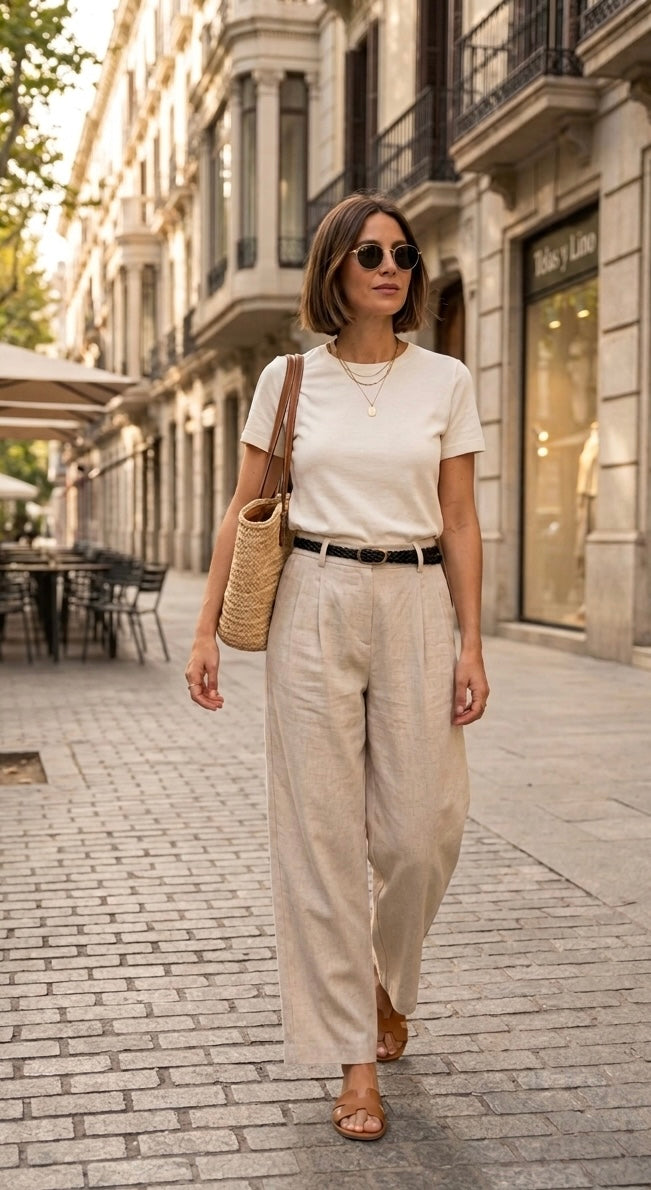 Pantalón de Lino con Pliegues y Talle Alto