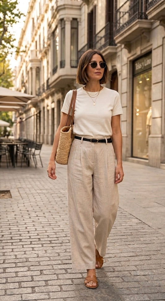 Pantalón de Lino con Pliegues y Talle Alto