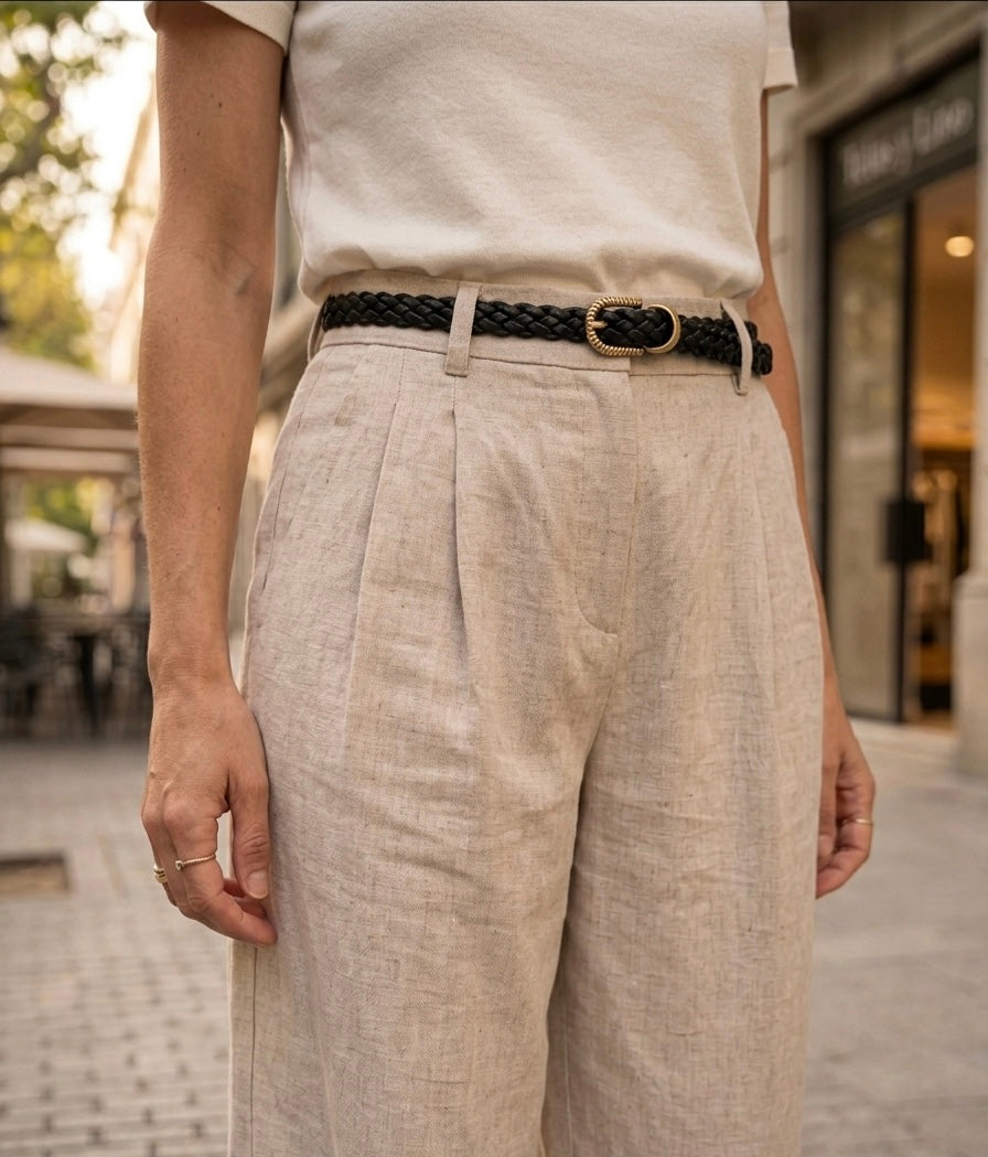 Pantalón de Lino con Pliegues y Talle Alto