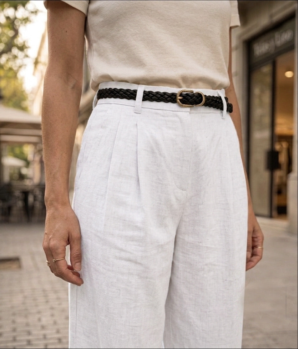 Pantalón de Lino con Pliegues y Talle Alto