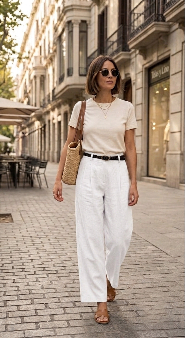 Pantalón de Lino con Pliegues y Talle Alto