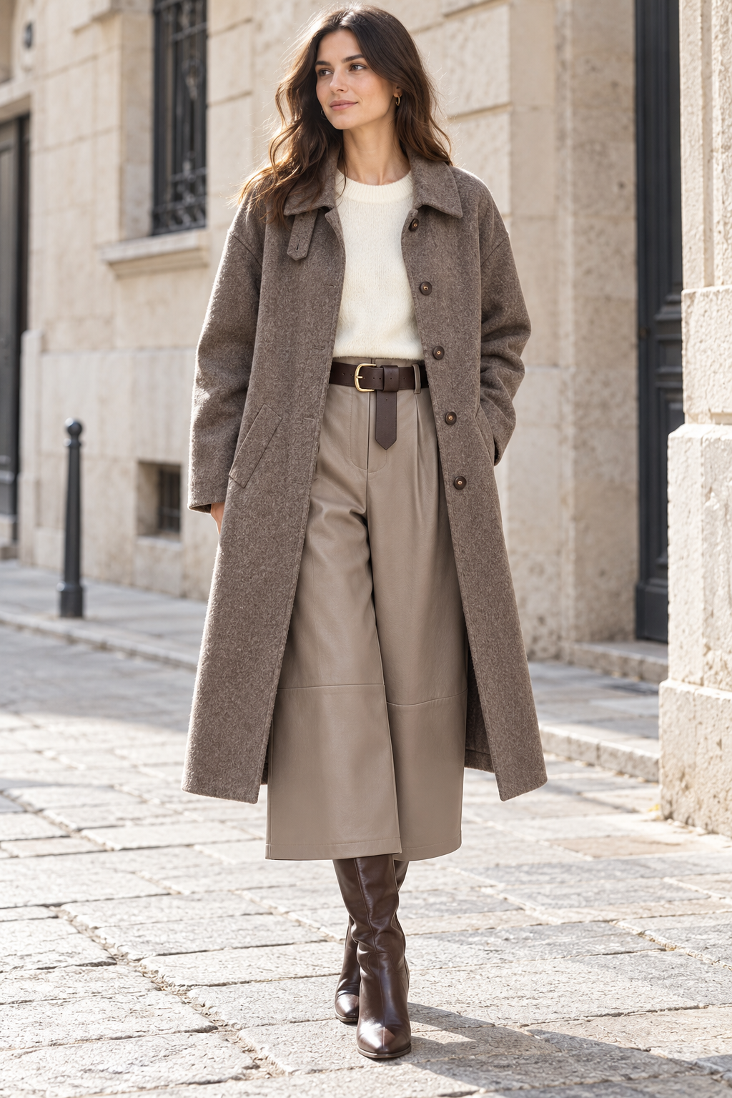 Look con abrigo largo topo, jersey marfil y pantalón culotte