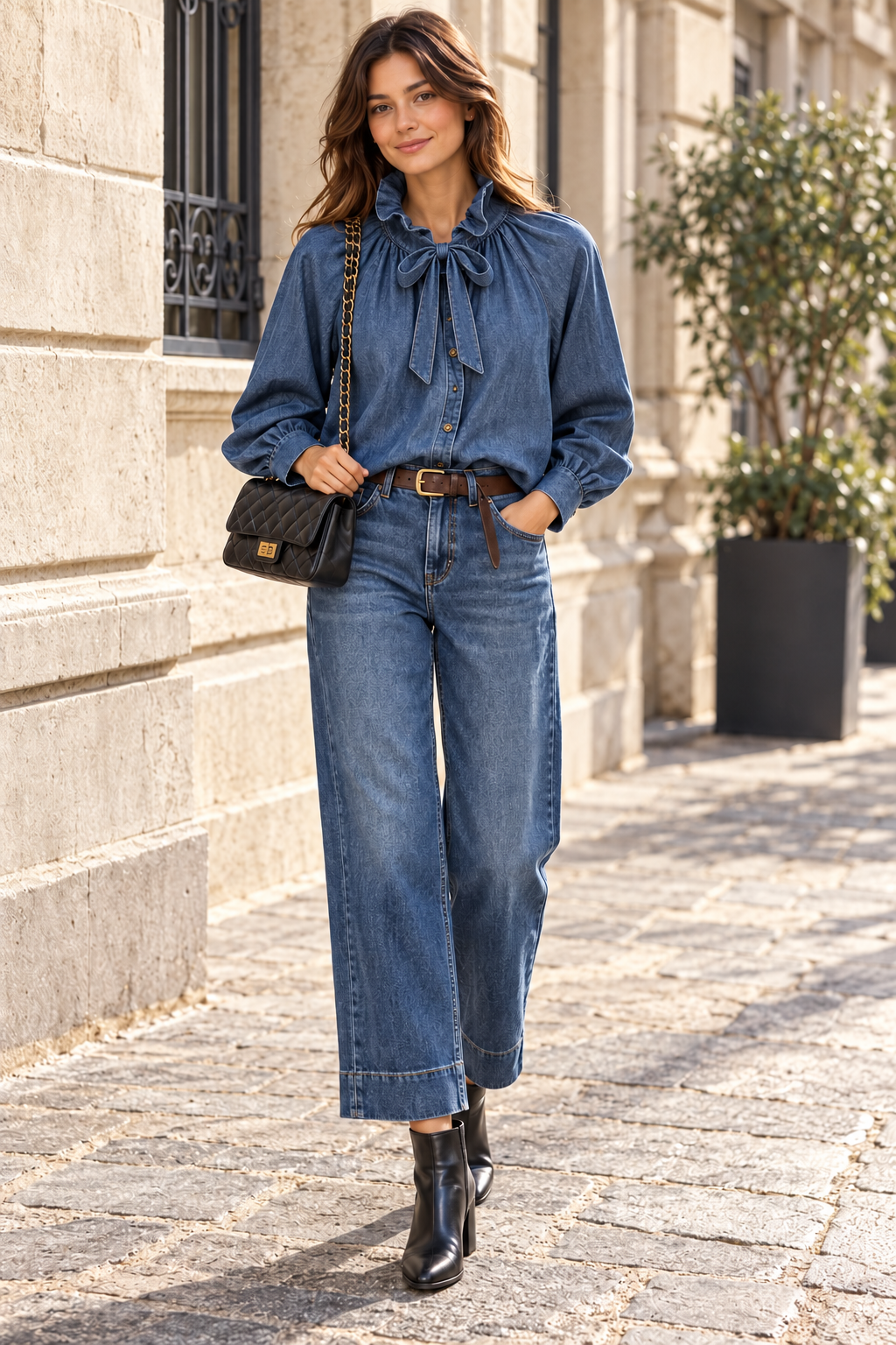 Look de camisa vaquera con lazo bajo el cuello volante