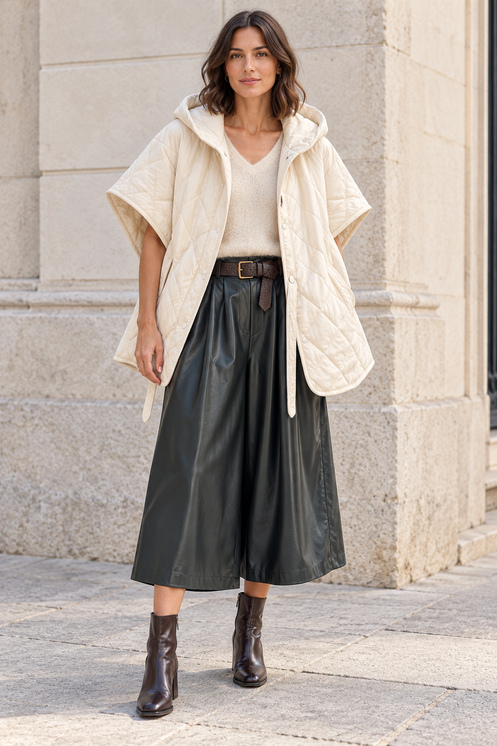 Look con chaqueta acolchada cruda, top de punto y pantalón culotte oscuro