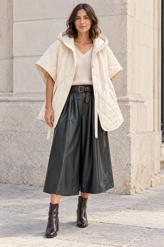 Look con chaqueta acolchada cruda, top de punto y pantalón culotte oscuro