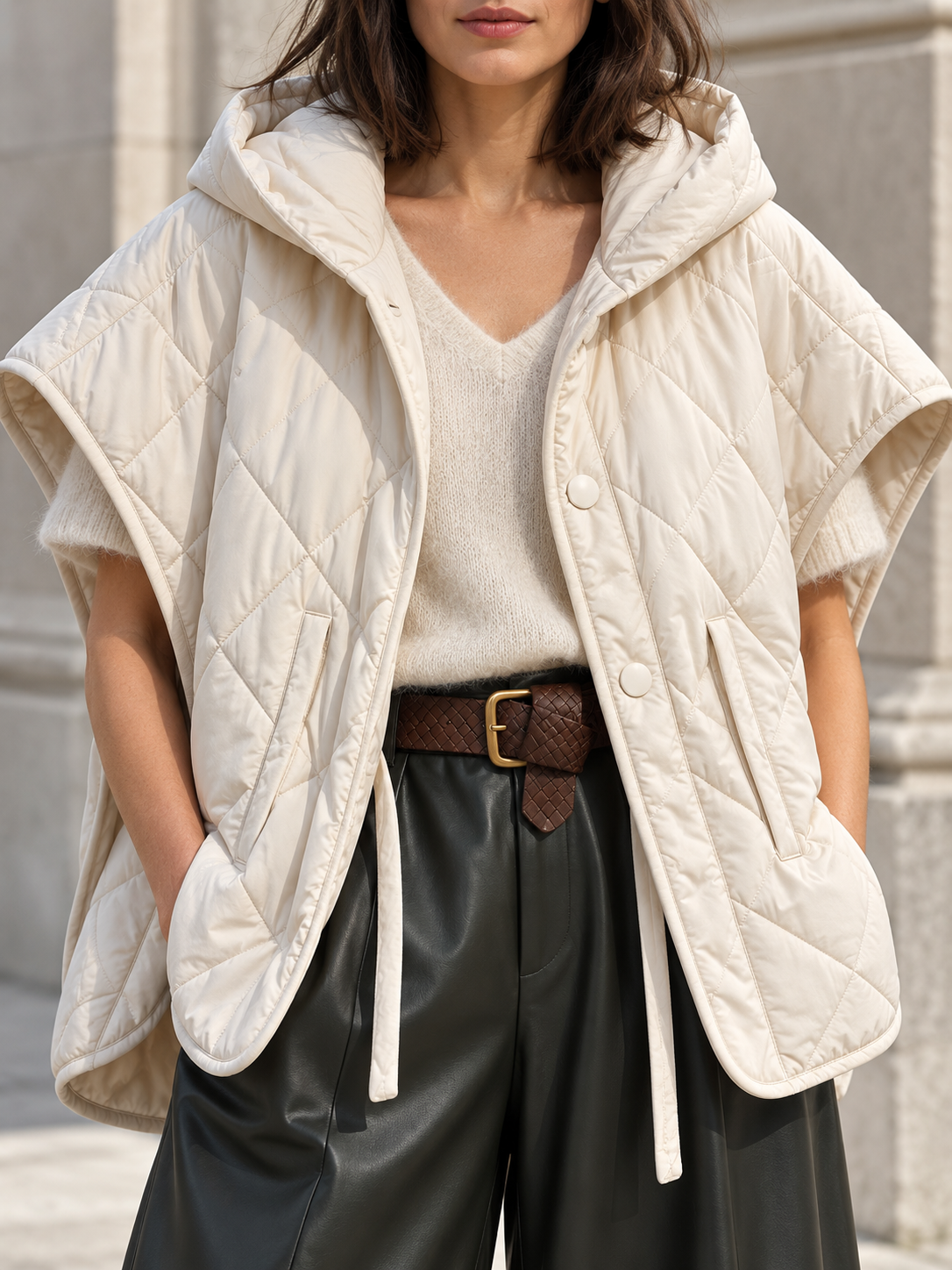 Detalle del cuello y acolchado de rombos de la chaqueta cruda